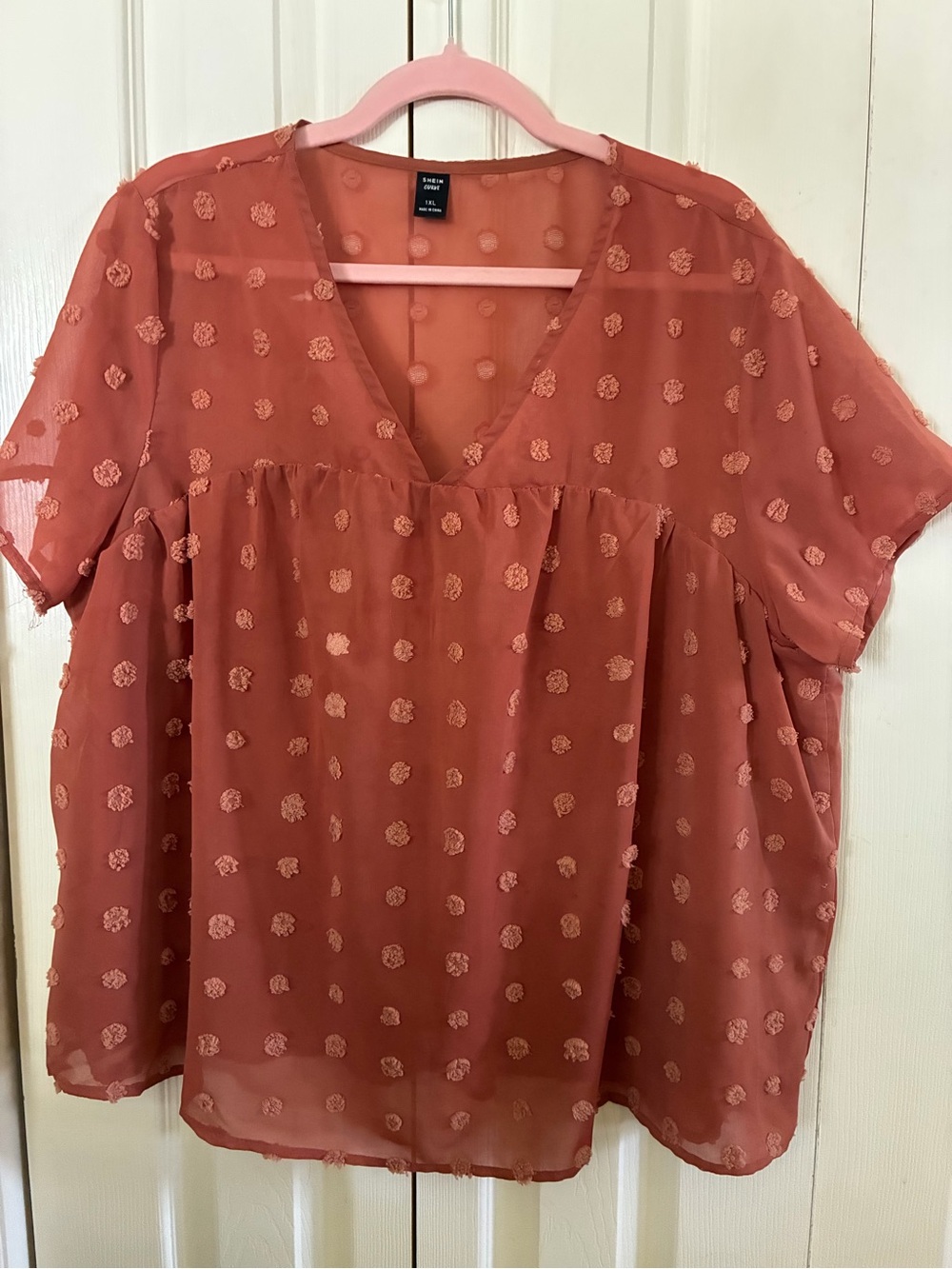 Women’s Swiss dotted top. Rust colored. 2 layers.